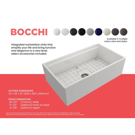Bocchi Contempo Workstation Apron Front Fireclay 33 in. Single Bowl Kitchen Sink in White 1504-001-0120